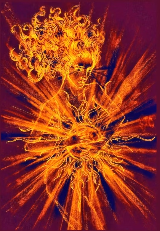 A woman formed from vivid golden flames